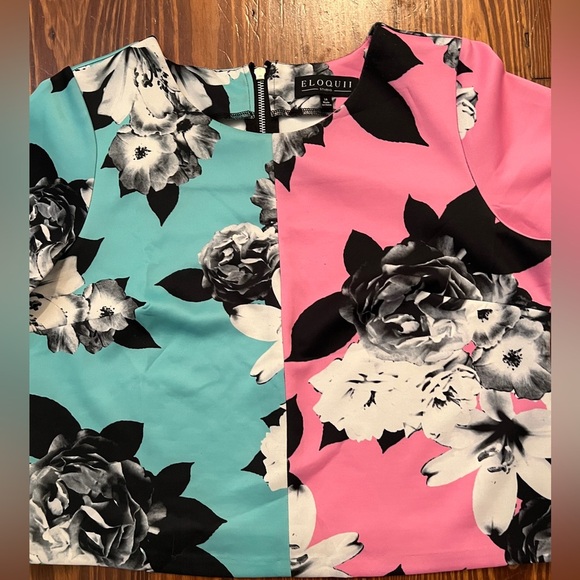 ELOQUII Colorblock Floral Cropped Blouse Hot Pink & Turquoise Plus Size - Picture 3 of 5
